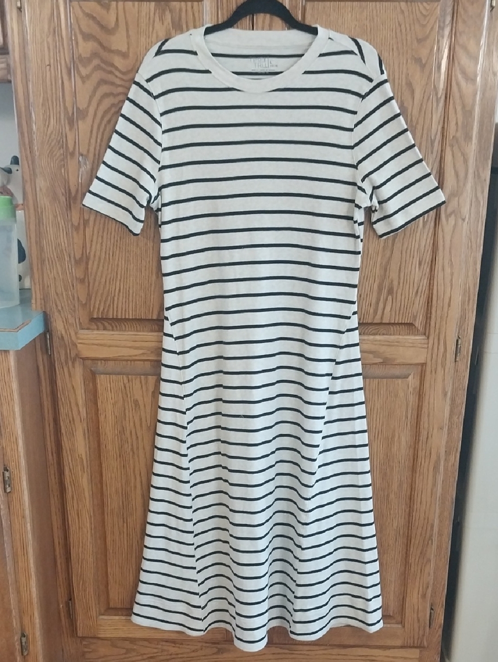 Time & Tru NWT Seamed Midi Dress Cotton Size Large 12/14 Grey Black Stripes Chic - Picture 1 of 12